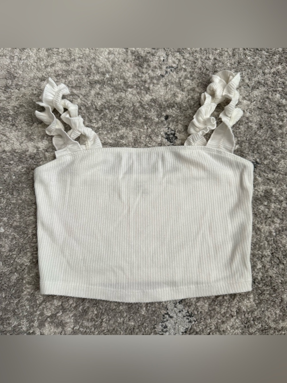 Sunday Best Cream Ribbed Ruffle-Strap Crop Top